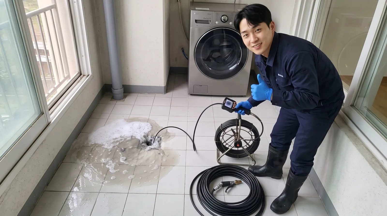 경기 북부 하수구 역류 작업복 기술자와 배관내시경·고압세척 장비